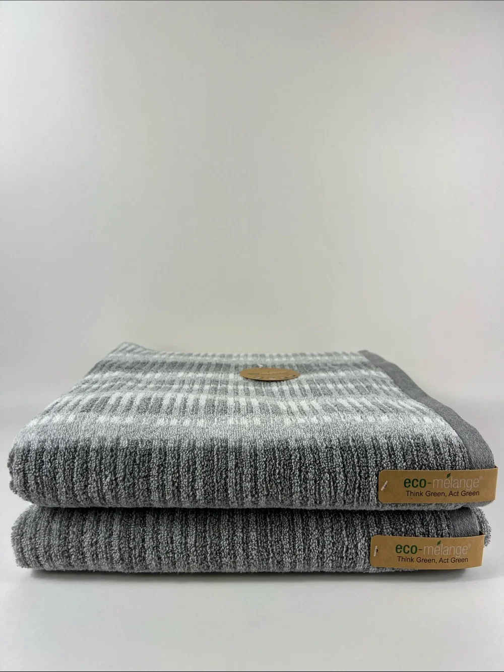 Eco-Mélange Bath Towels Gray White Striped Ribbed Soft Cotton Set of 2 NEW